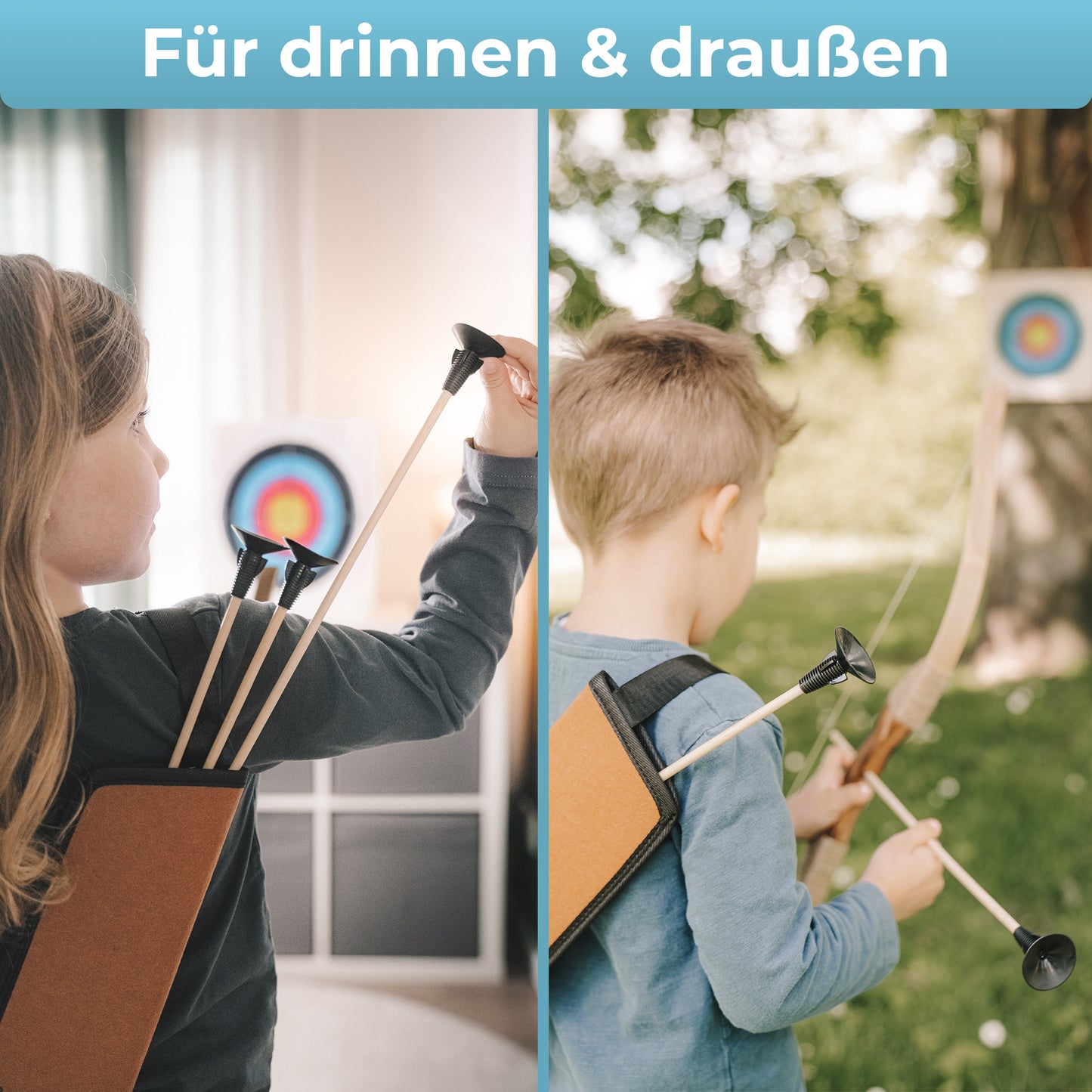 BOWRILLA Holzbogen Set mit 6 Saugnapf-Pfeilen, Zielscheibe, Köcher und Tasche