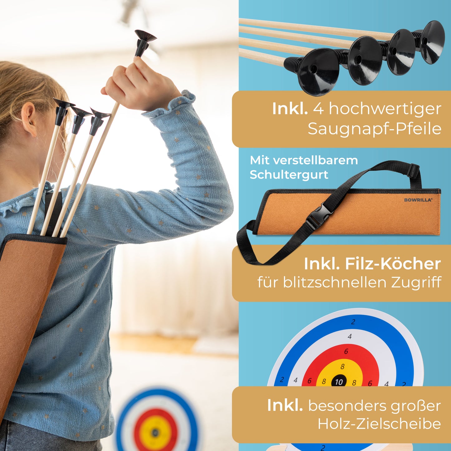 BOWRILLA Takedown Kinderbogen – Fiberglas & Holz, mit Saugnapfpfeilen, Köcher & Zielscheibe