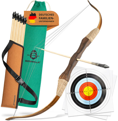 BOWRILLA Holzbogen Set mit 10 Pfeilen, Köcher, 3 Zielscheiben und Aufbewahrungstasche 100 cm