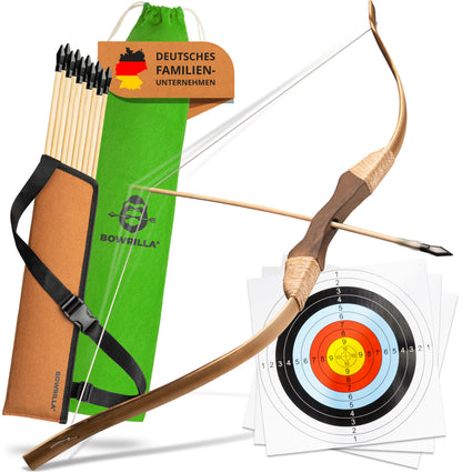 BOWRILLA Holzbogen Set mit 10 Pfeilen, Köcher, 3 Zielscheiben und Aufbewahrungstasche 85 cm