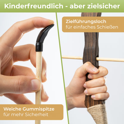 BOWRILLA Holzbogen Set mit 10 Pfeilen, Köcher, 3 Zielscheiben und Aufbewahrungstasche