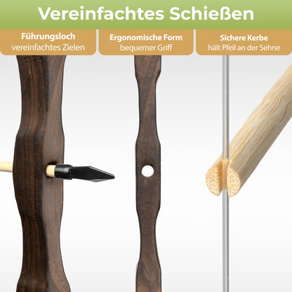 BOWRILLA Holzbogen Set mit 10 Pfeilen, Köcher, 3 Zielscheiben und Aufbewahrungstasche