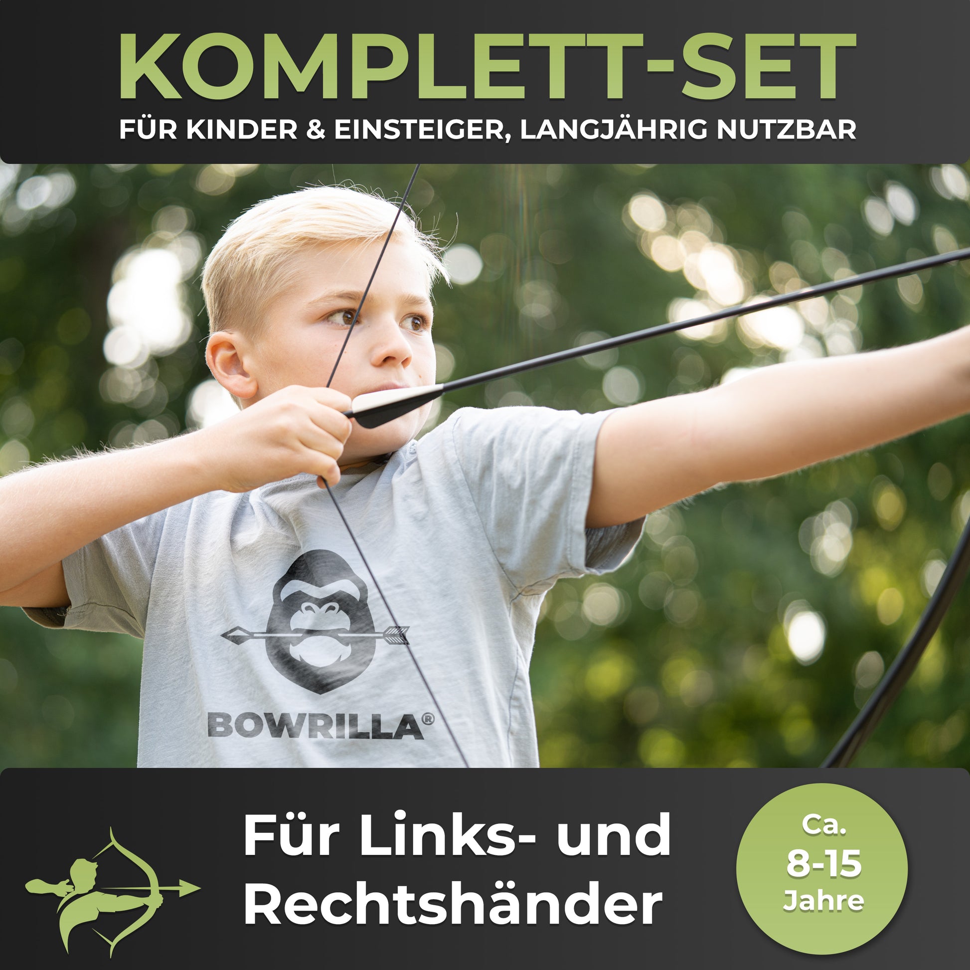 BOWRILLA Sportbogen Set für Kinder mit 6 Carbon-Hybrid Pfeilen und 3 Zielscheiben