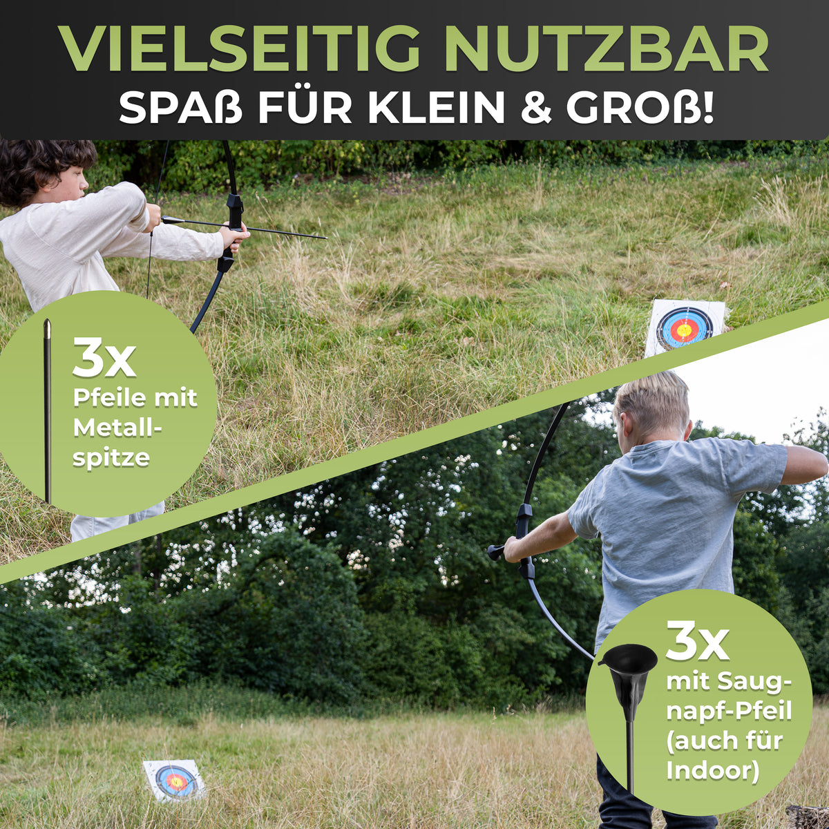 BOWRILLA Sportbogen Set für Kinder mit 6 Carbon-Hybrid Pfeilen und 3 Zielscheiben