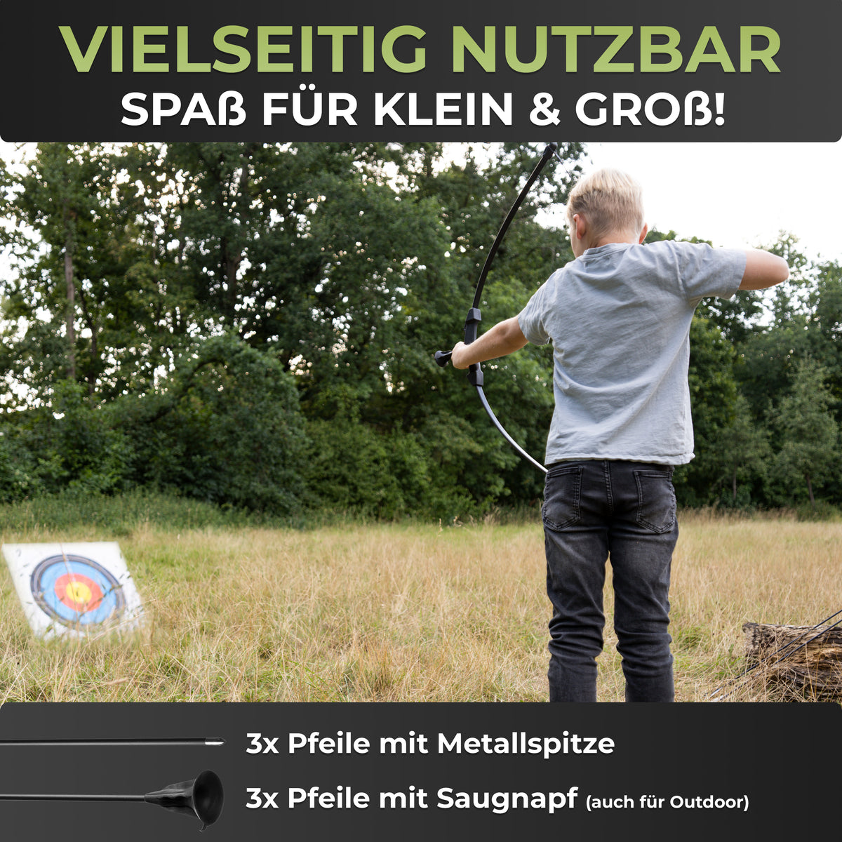 BOWRILLA Sportbogen Set für Kinder mit 6 Carbon-Hybrid Pfeilen und 3 Zielscheiben
