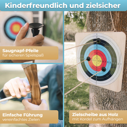 BOWRILLA Holzbogen Set mit 6 Saugnapf-Pfeilen, Zielscheibe, Köcher und Tasche
