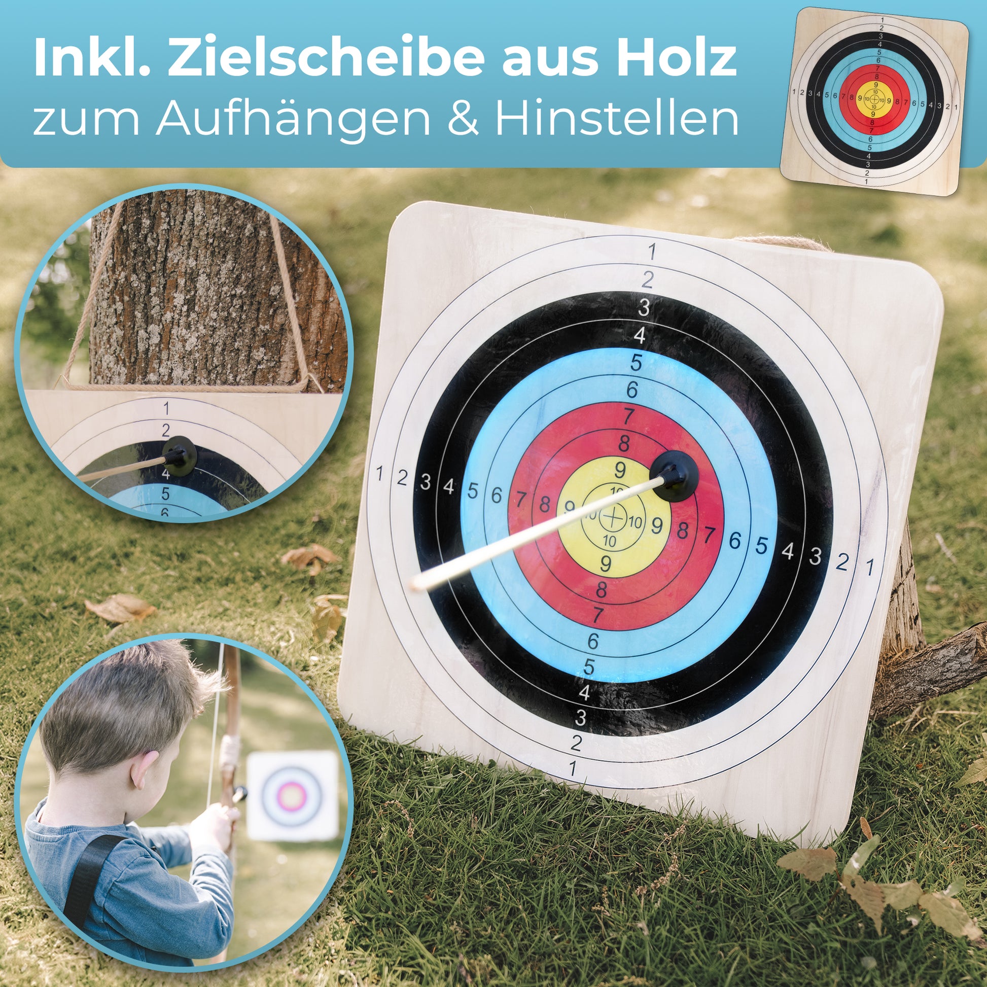 BOWRILLA Holzbogen Set mit 6 Saugnapf-Pfeilen, Zielscheibe, Köcher und Tasche