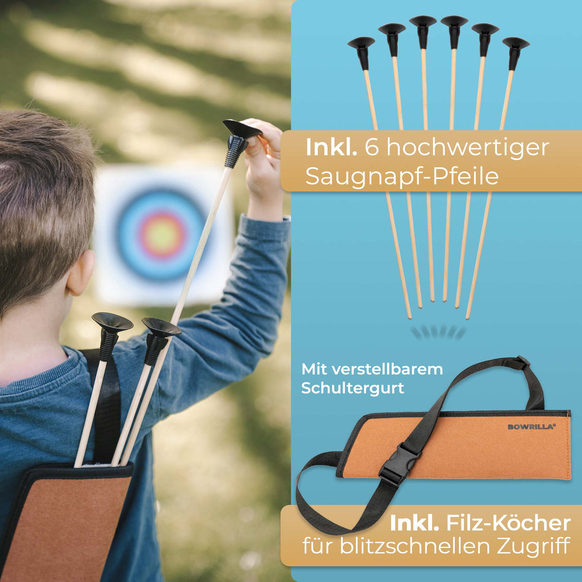 BOWRILLA Holzbogen Set mit 6 Saugnapf-Pfeilen, Zielscheibe, Köcher und Tasche