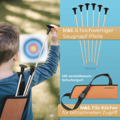 BOWRILLA Holzbogen Set mit 6 Saugnapf-Pfeilen, Zielscheibe, Köcher und Tasche