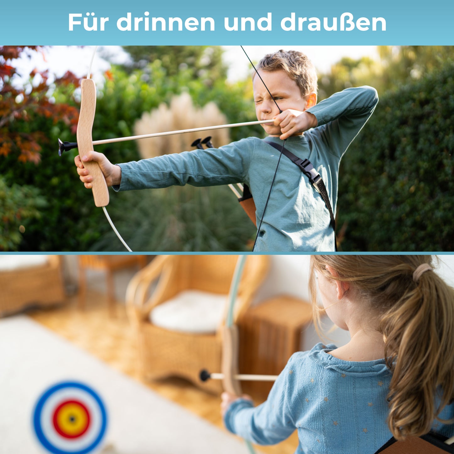 BOWRILLA Takedown Kinderbogen – Fiberglas & Holz, mit Saugnapfpfeilen, Köcher & Zielscheibe