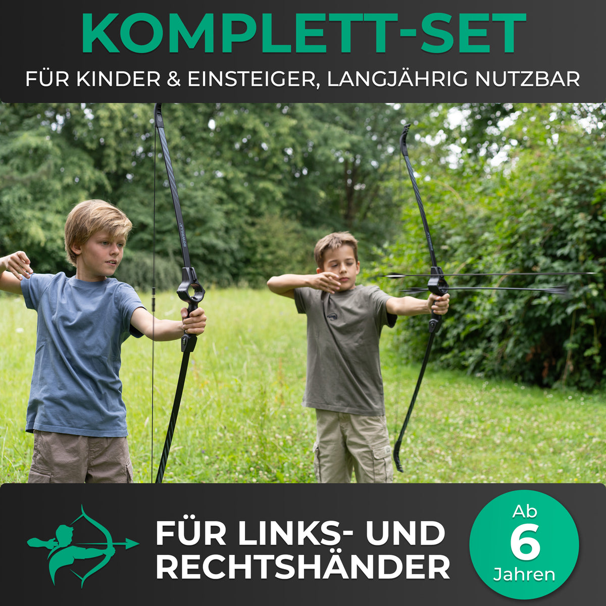 BOWRILLA Sportbogen für Kinder ab 6 mit Zielführung, inkl. 6 Carbon-Hybrid Pfeile und 3 Zielscheiben