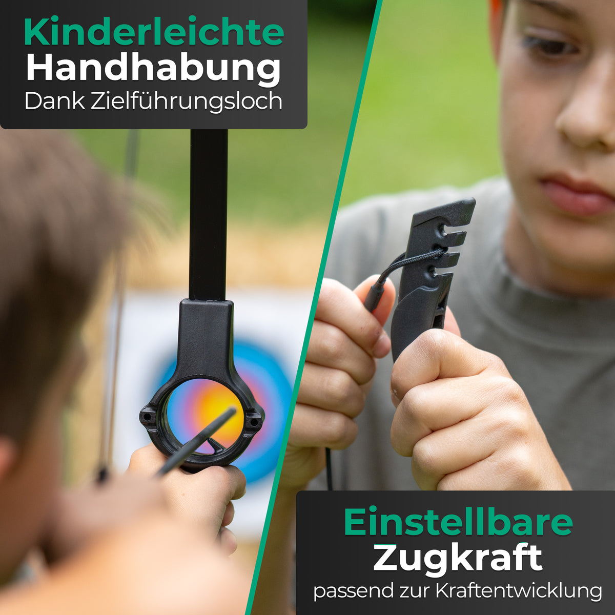 BOWRILLA Sportbogen für Kinder ab 6 mit Zielführung, inkl. 6 Carbon-Hybrid Pfeile und 3 Zielscheiben