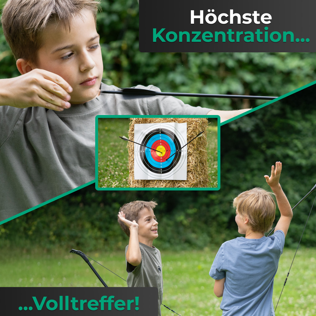 BOWRILLA Sportbogen für Kinder ab 6 mit Zielführung, inkl. 6 Carbon-Hybrid Pfeile und 3 Zielscheiben