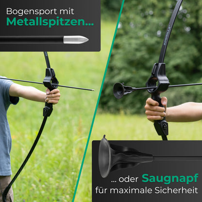 BOWRILLA Sportbogen für Kinder ab 6 mit Zielführung, inkl. 6 Carbon-Hybrid Pfeile und 3 Zielscheiben