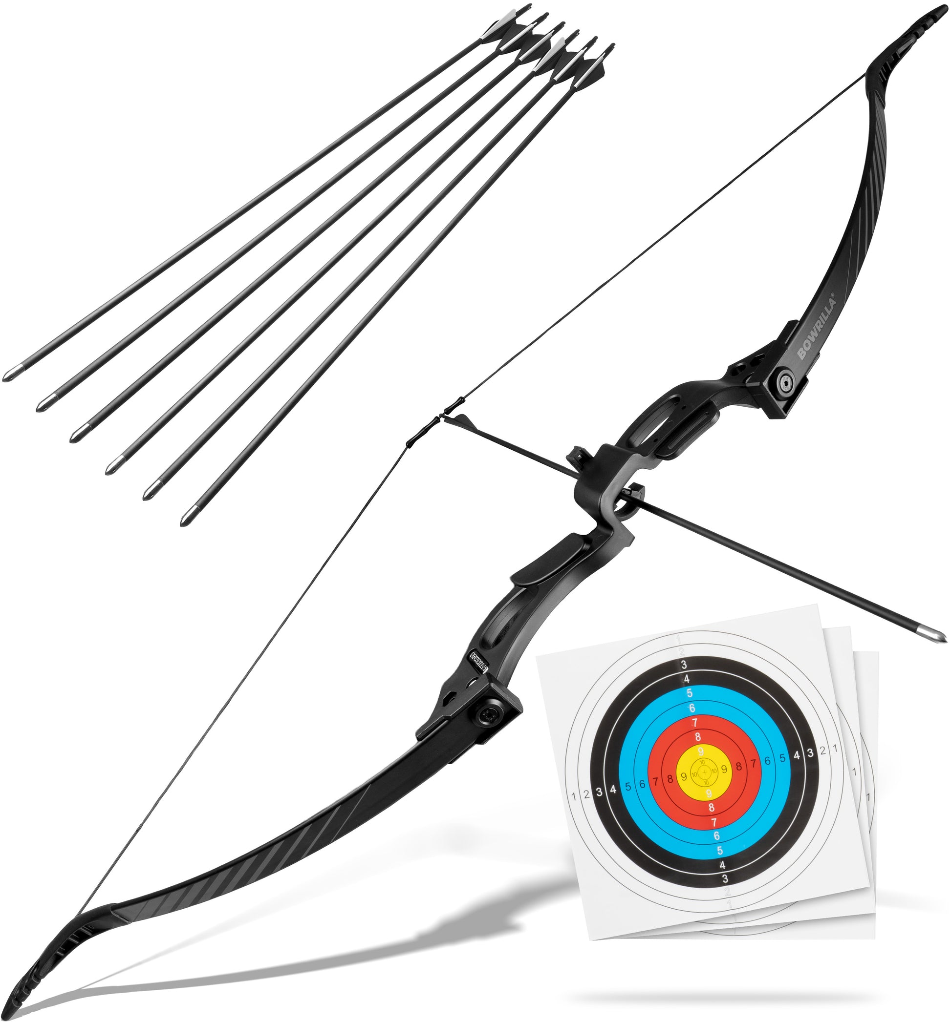 BOWRILLA Recurvebogen Set für Einsteiger ab 8 Jahren, 25 lbs, 6 Carbon-Hybrid Pfeile & 3 Zielscheiben