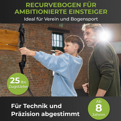 BOWRILLA Recurvebogen Set für Einsteiger ab 8 Jahren, 25 lbs, 6 Carbon-Hybrid Pfeile & 3 Zielscheiben
