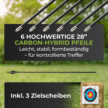 BOWRILLA Recurvebogen Set für Einsteiger ab 8 Jahren, 25 lbs, 6 Carbon-Hybrid Pfeile & 3 Zielscheiben
