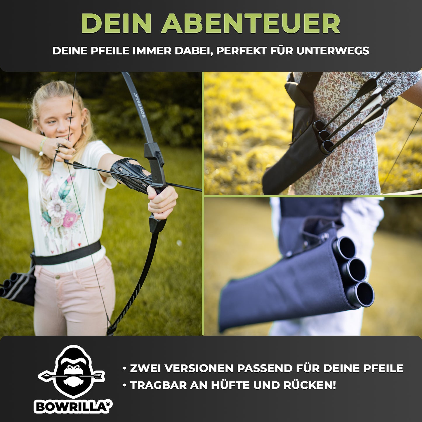 BOWRILLA Köcher mit verstellbarem Gurt und 3 Röhren